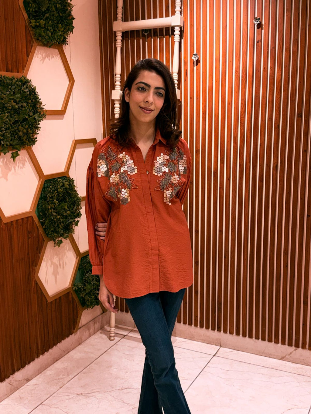 Rust Bloom Embroidered Shirt