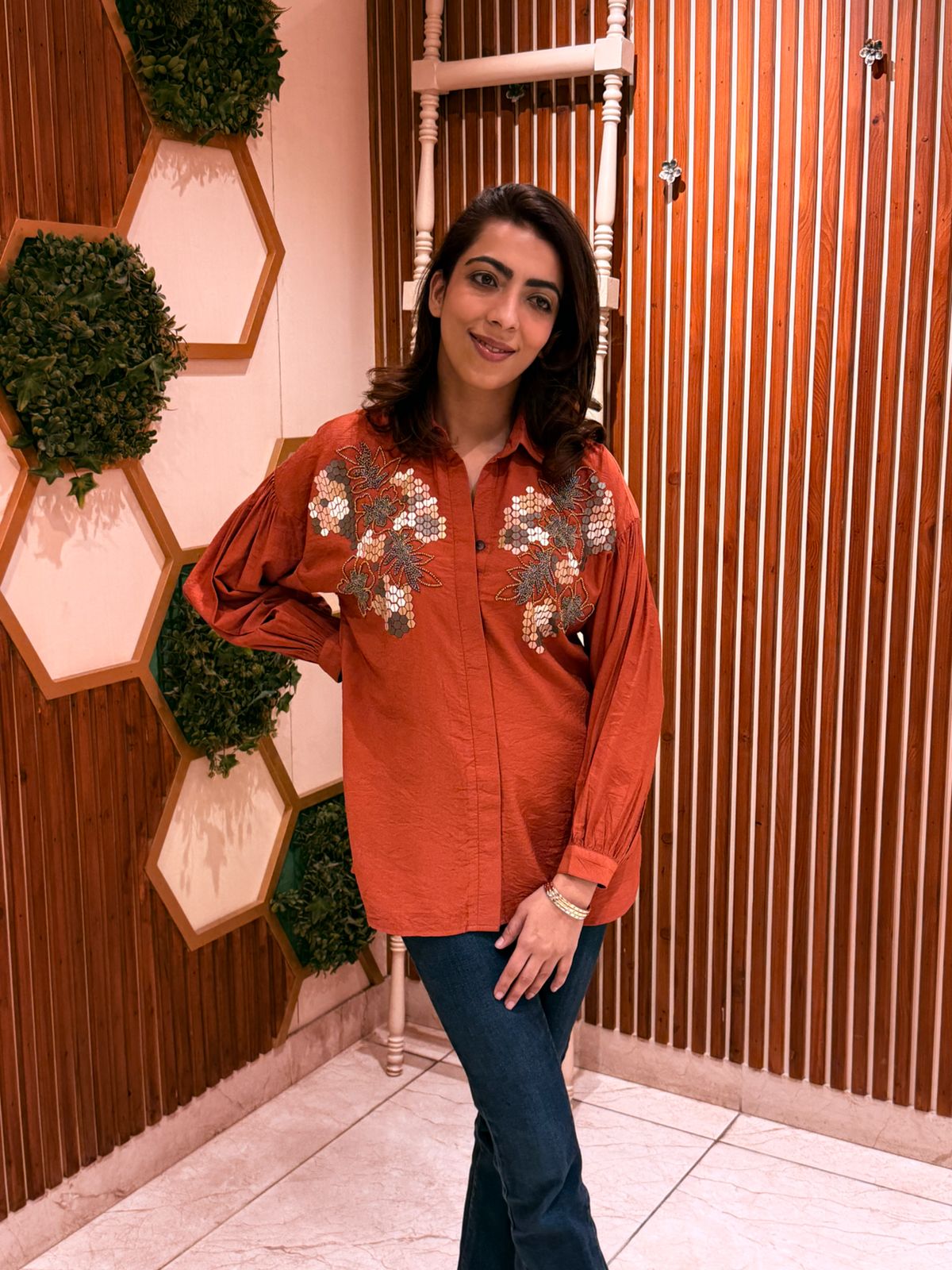 Rust Bloom Embroidered Shirt