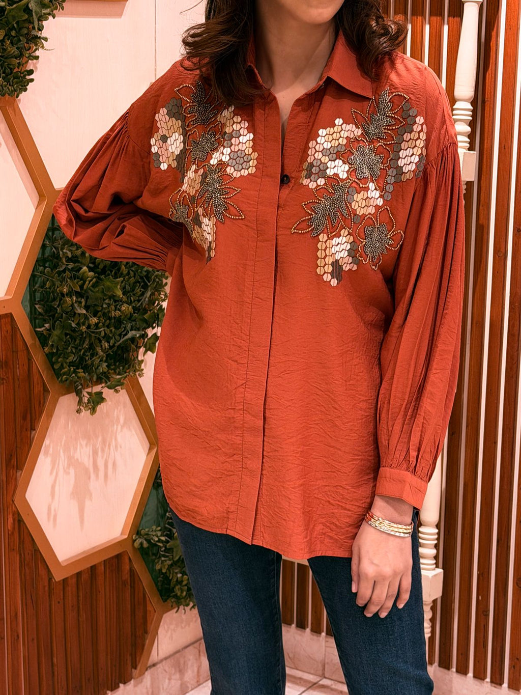 Rust Bloom Embroidered Shirt