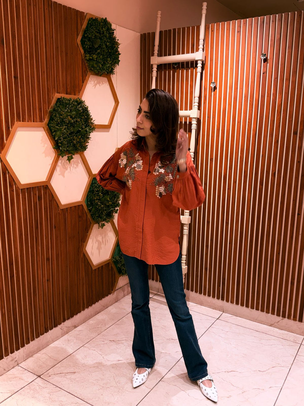 Rust Bloom Embroidered Shirt