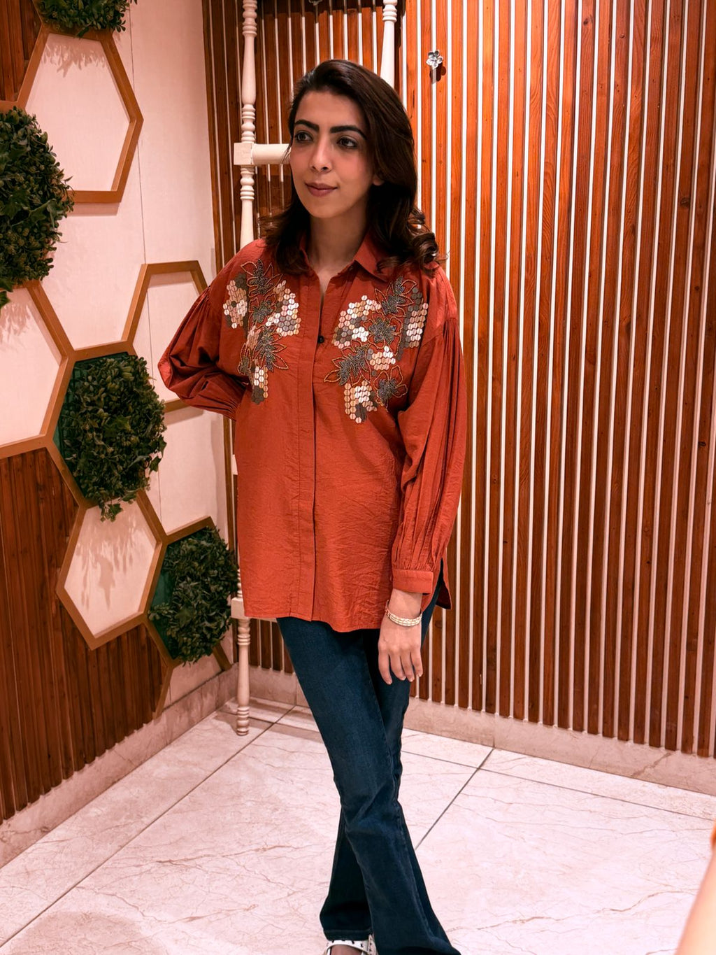 Rust Bloom Embroidered Shirt