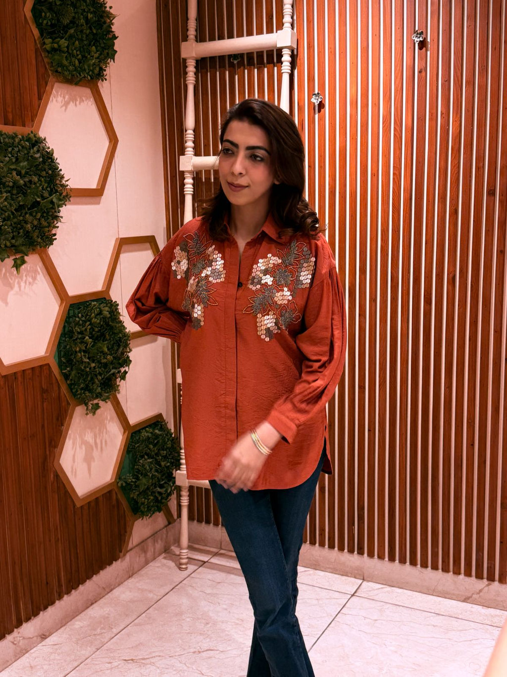 Rust Bloom Embroidered Shirt