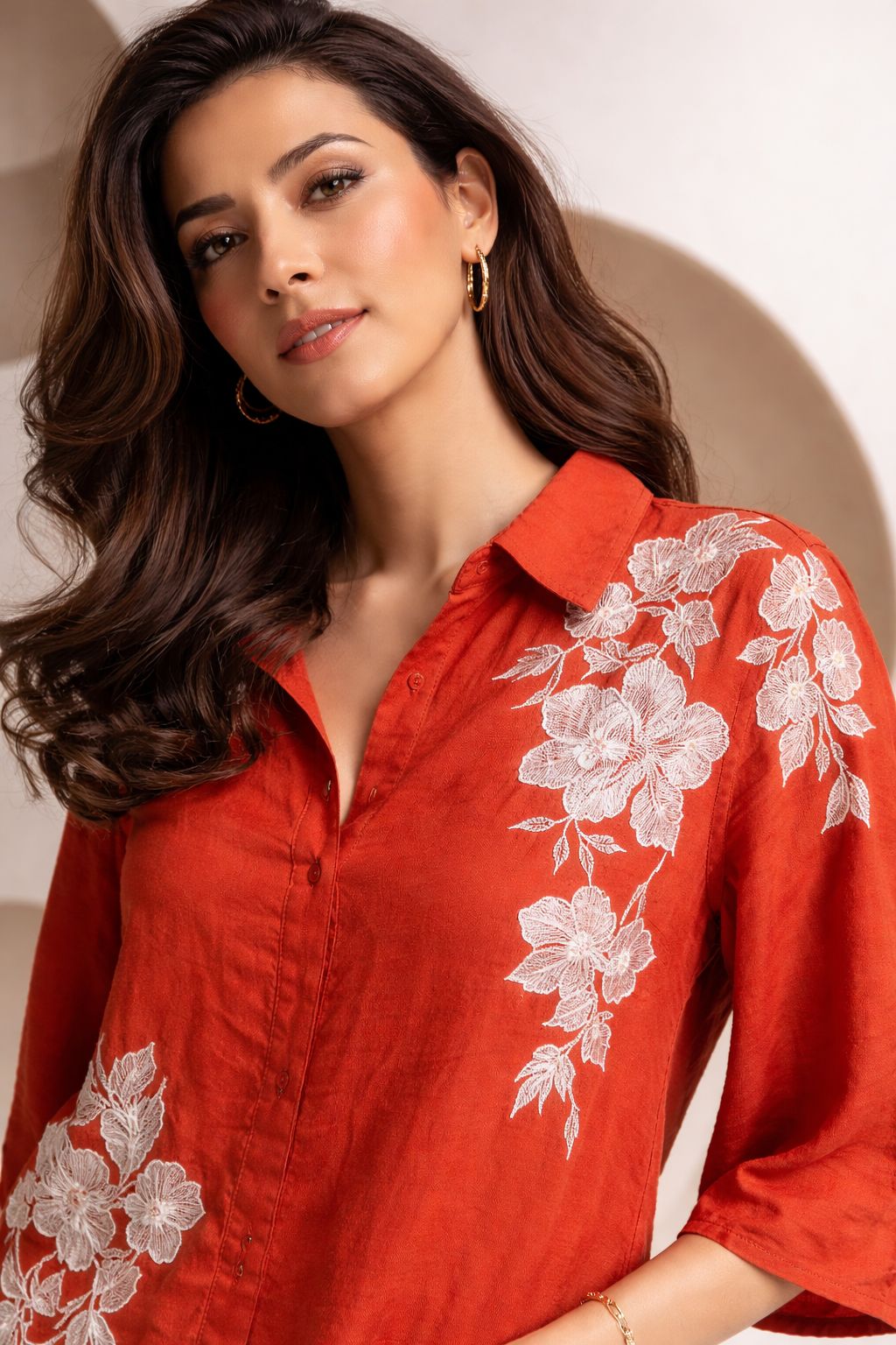 Crimson Bloom Embroidered Shirt