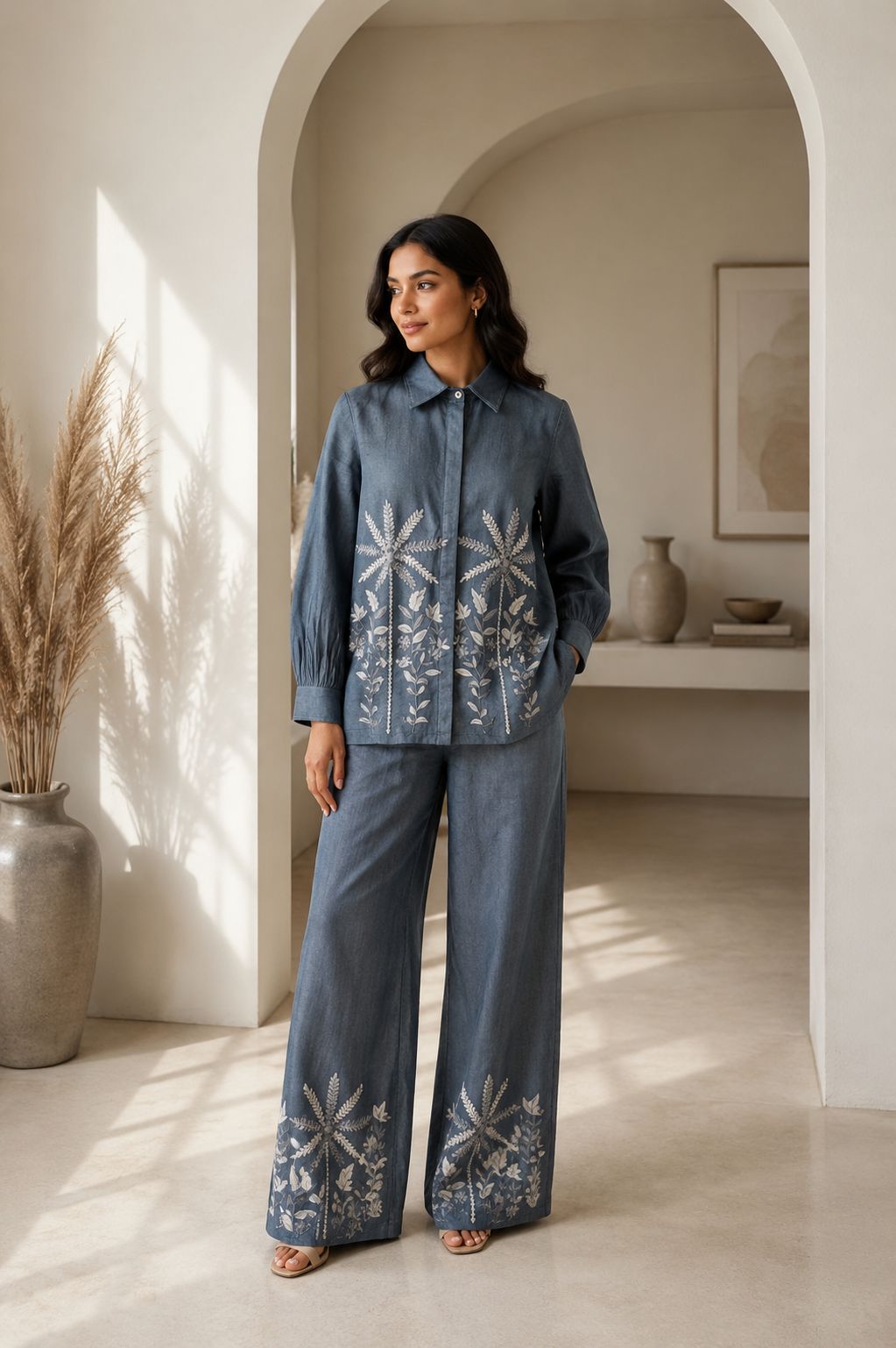 Denim Blossom Embroidered Co-Ord Set