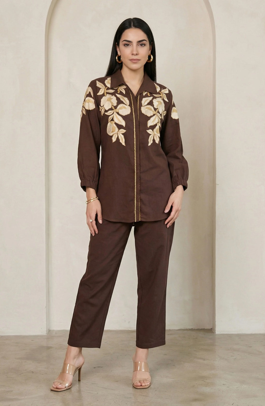 Mocha Bloom Embroidered Co-Ord Set