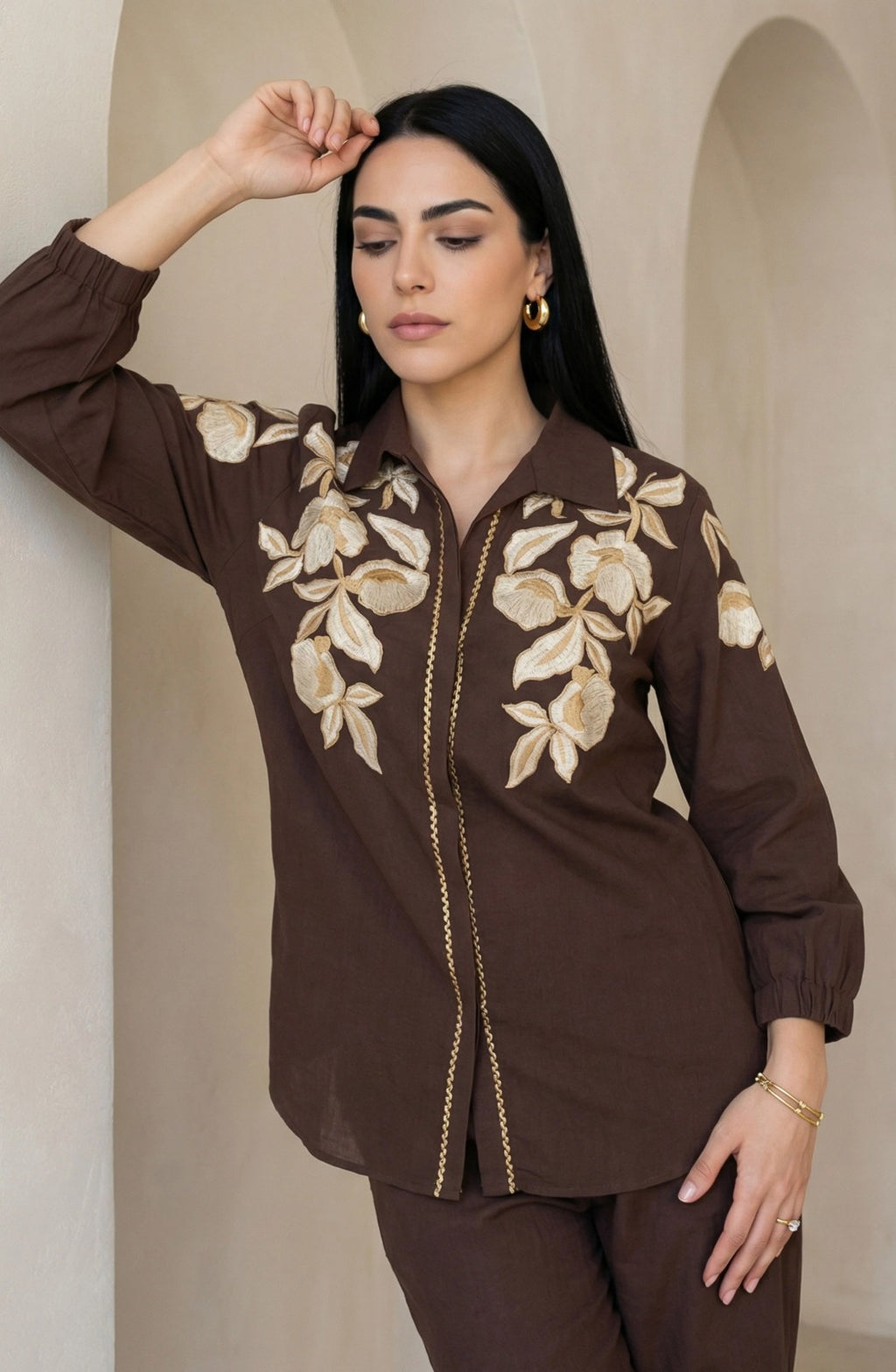 Mocha Bloom Embroidered Co-Ord Set