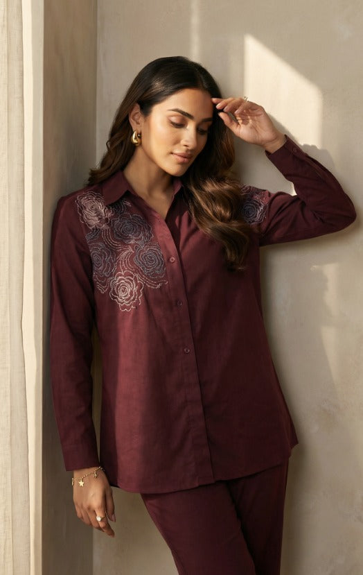 Burgundy Bloom Embroidered Co-Ord Set