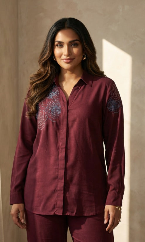 Burgundy Bloom Embroidered Co-Ord Set