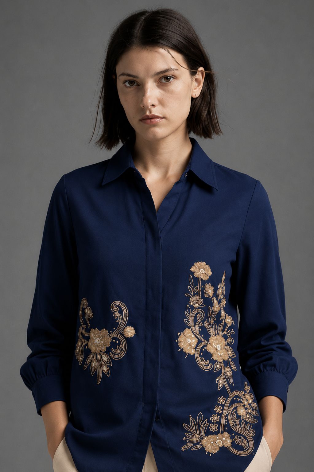 Navy Blue Floral Embroidered Shirt
