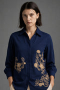 Navy Blue Floral Embroidered Shirt