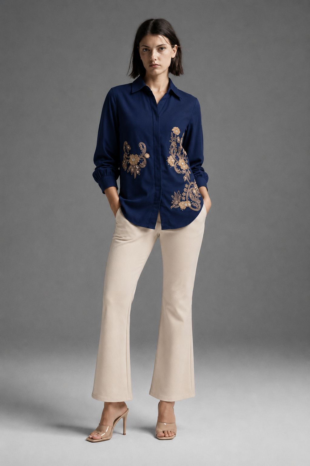 Navy Blue Floral Embroidered Shirt