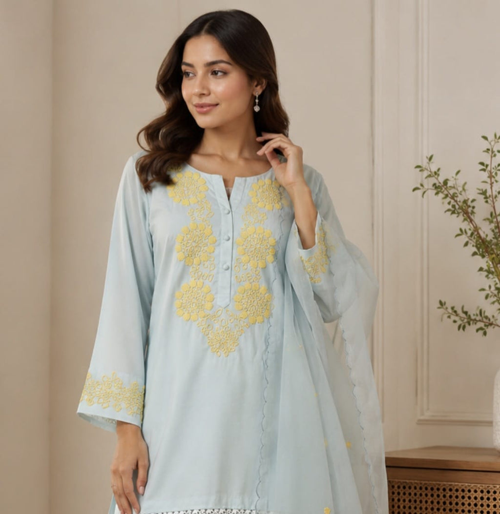 Powder Blue Embroidered kurti-set