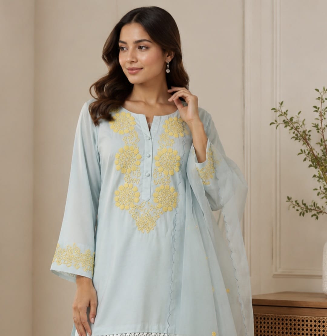 Powder Blue Embroidered kurti-set