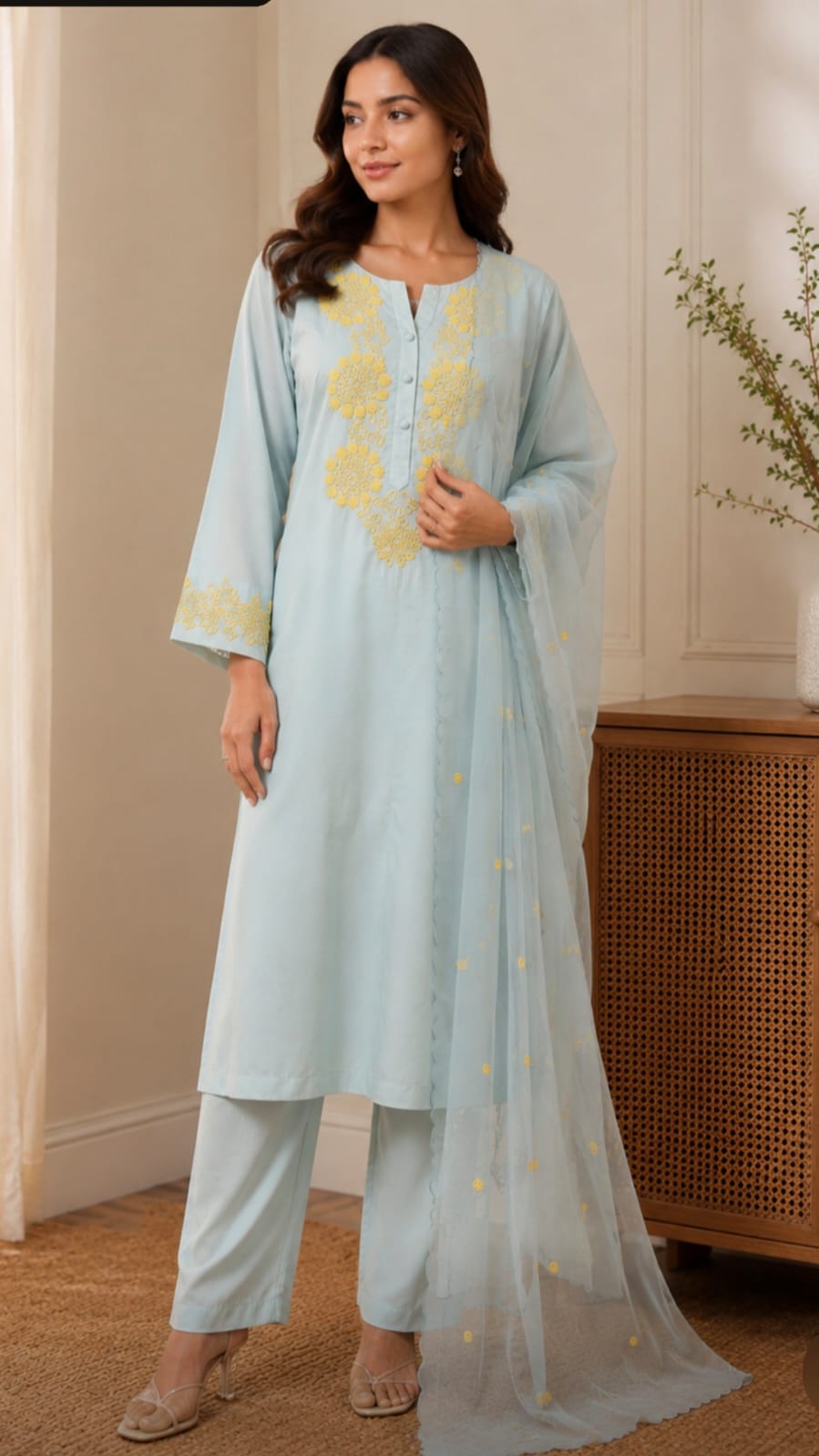 Powder Blue Embroidered kurti-set