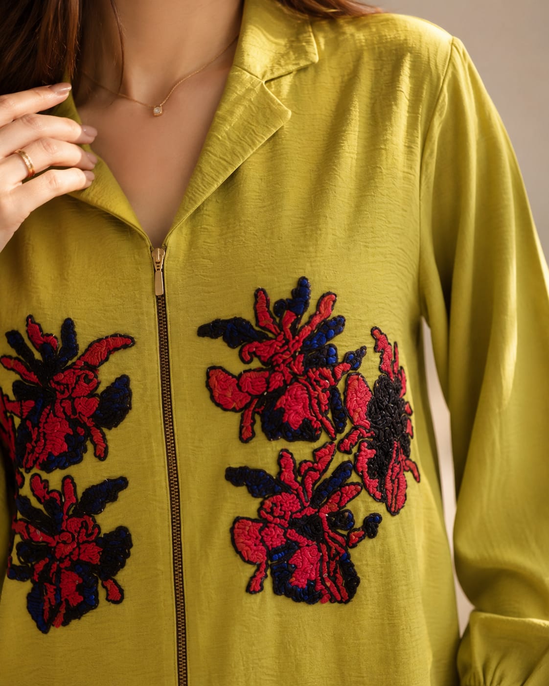 Neon yellow Bloom Embroidered Zip-up Shirt