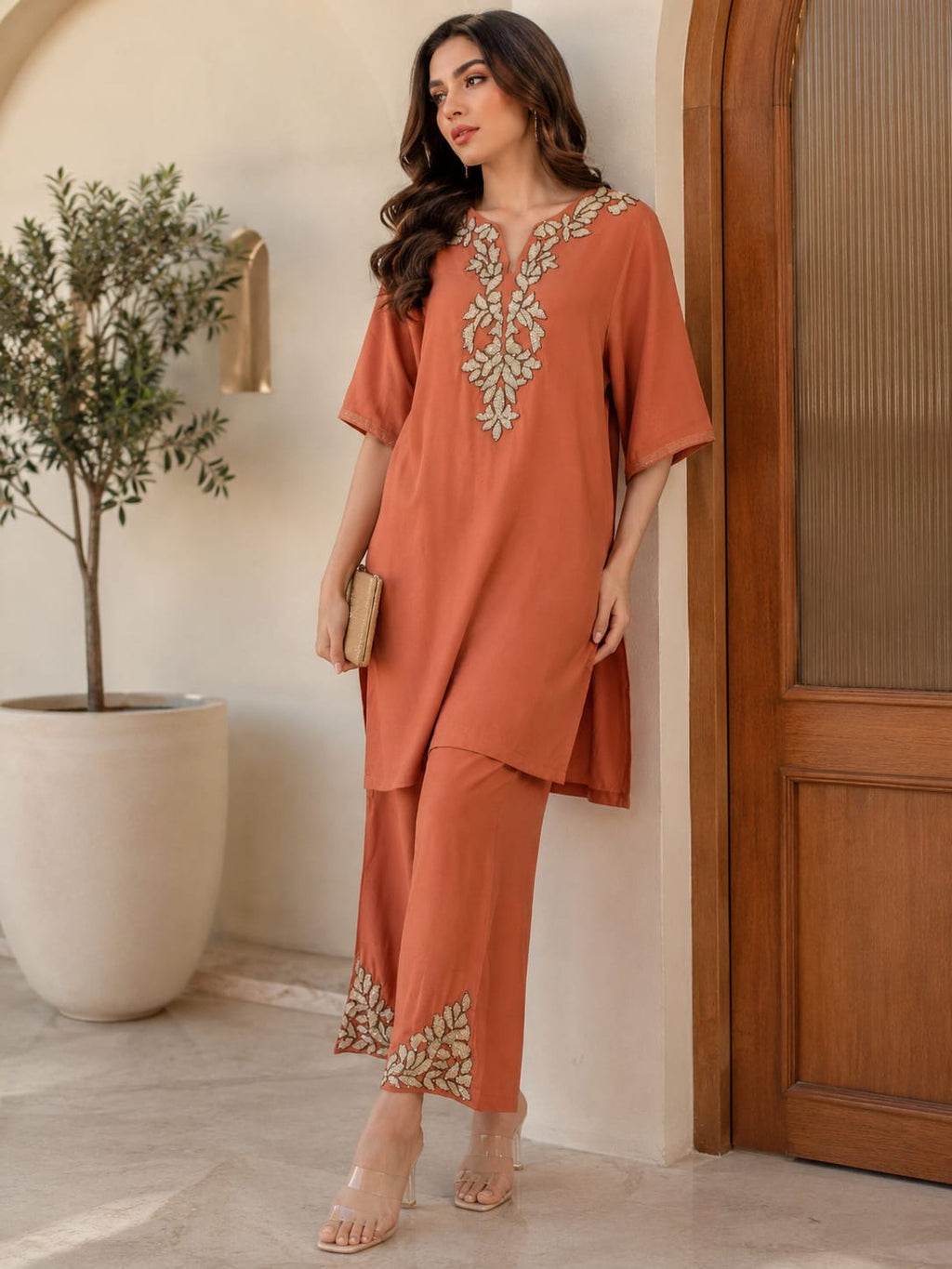 Rust Bloom Embroidered Kurta Set