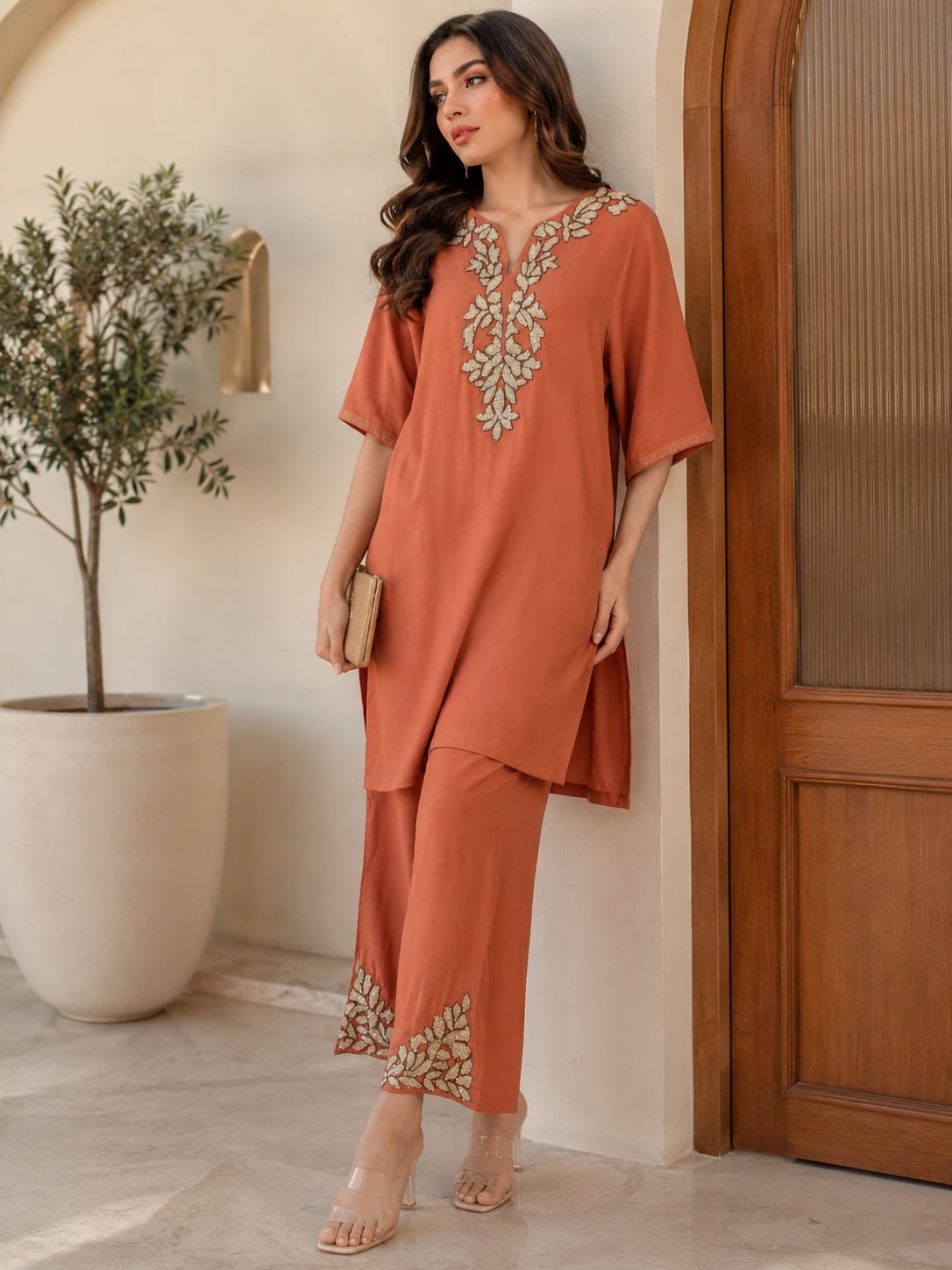 Rust Bloom Embroidered Kurta Set