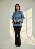 Dusty Blue Black Floral Embroidered Shirt