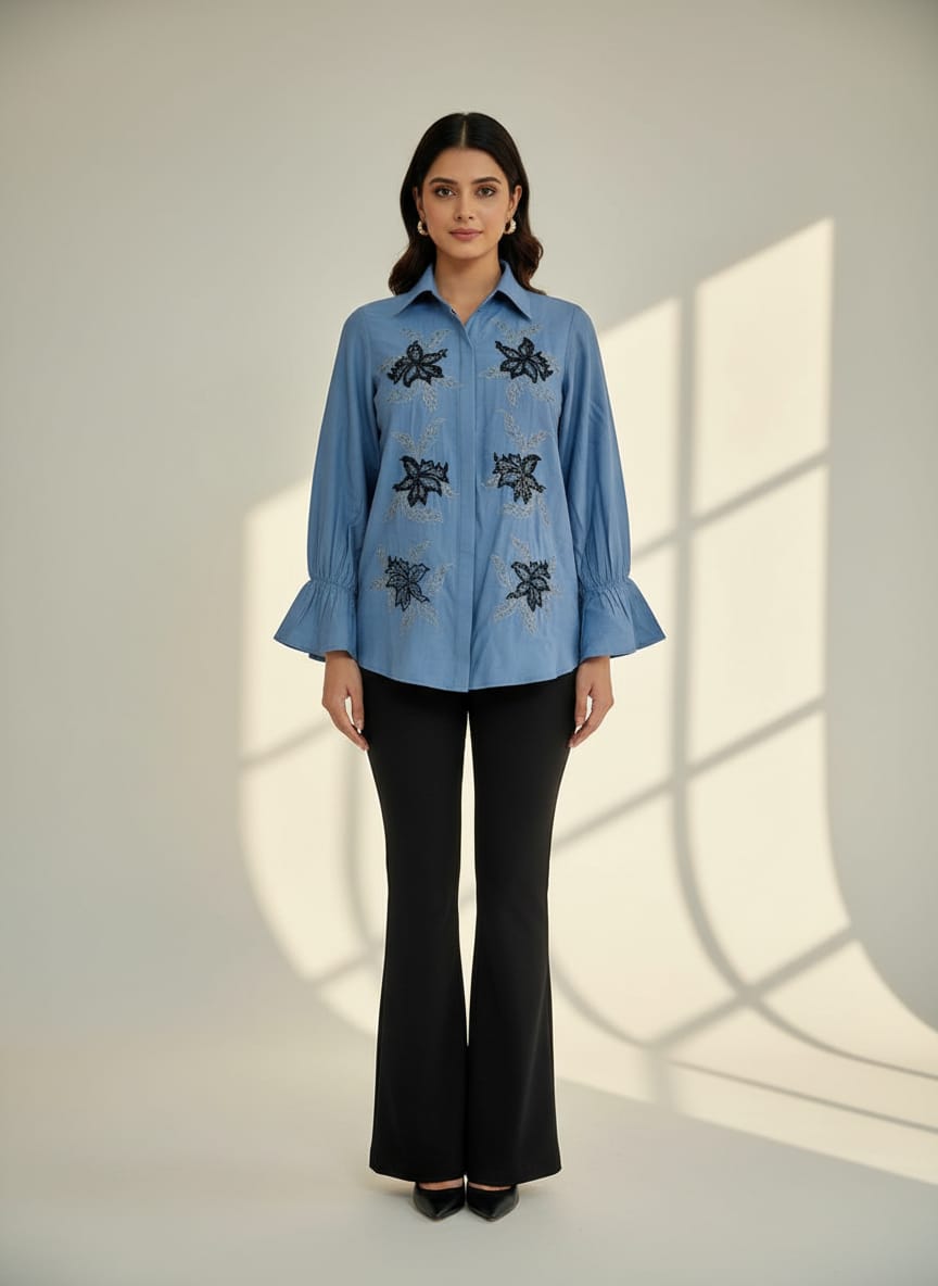 Dusty Blue Black Floral Embroidered Shirt