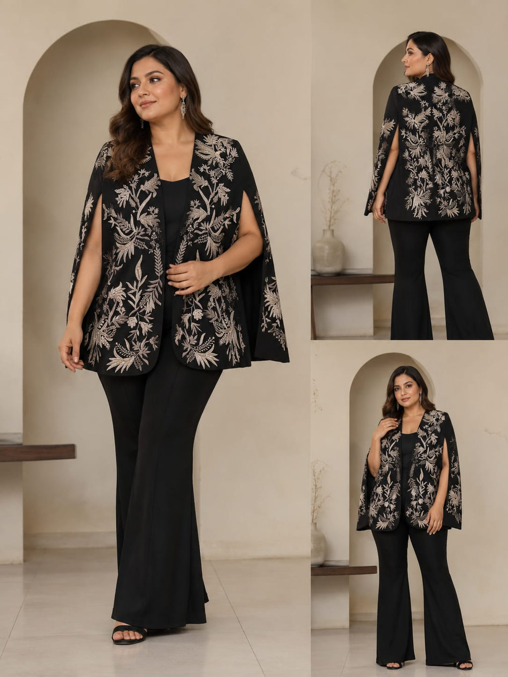 Midnight Bloom Embroidered Cape Set