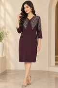 Wine Embellished V-Neck Dress