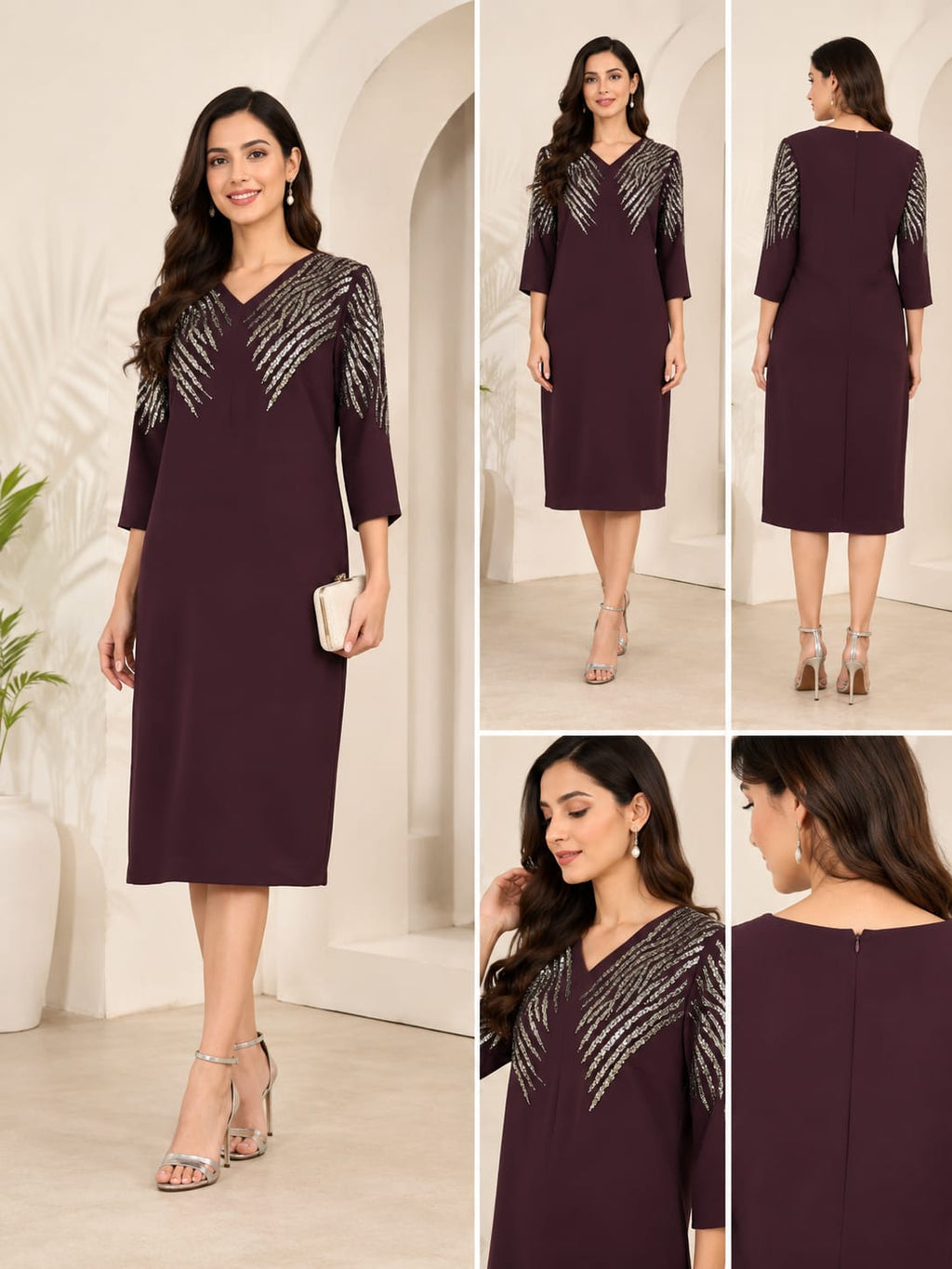 Wine Embellished V-Neck Dress