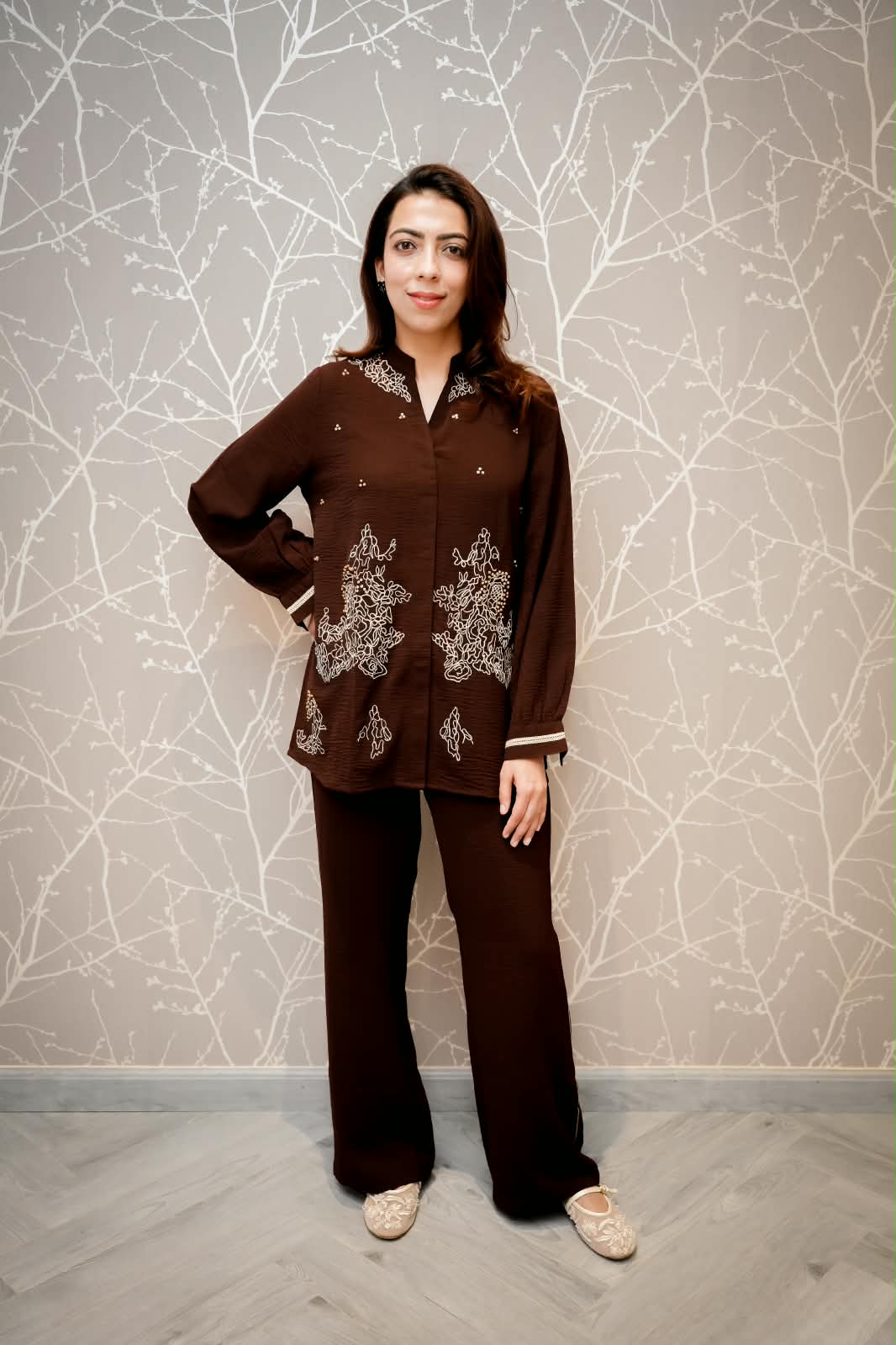 Mocha Bloom Embroidered Co- ord set