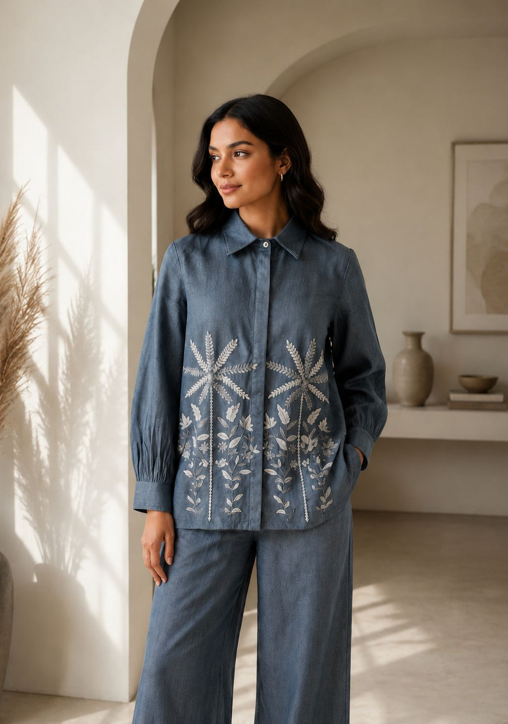 Denim Blossom Embroidered Co-Ord Set