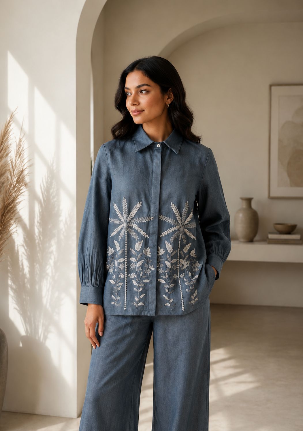 Denim Blossom Embroidered Co-Ord Set