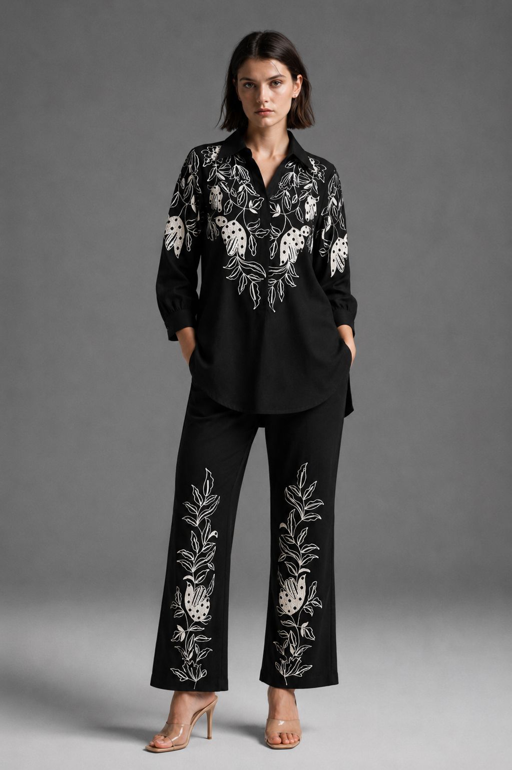 Black Botanical Embroidered Co-Ord Set