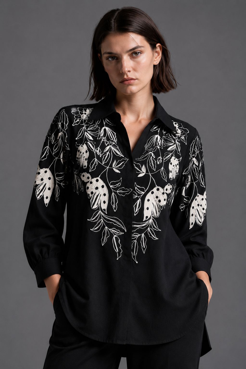 Black Botanical Embroidered Co-Ord Set