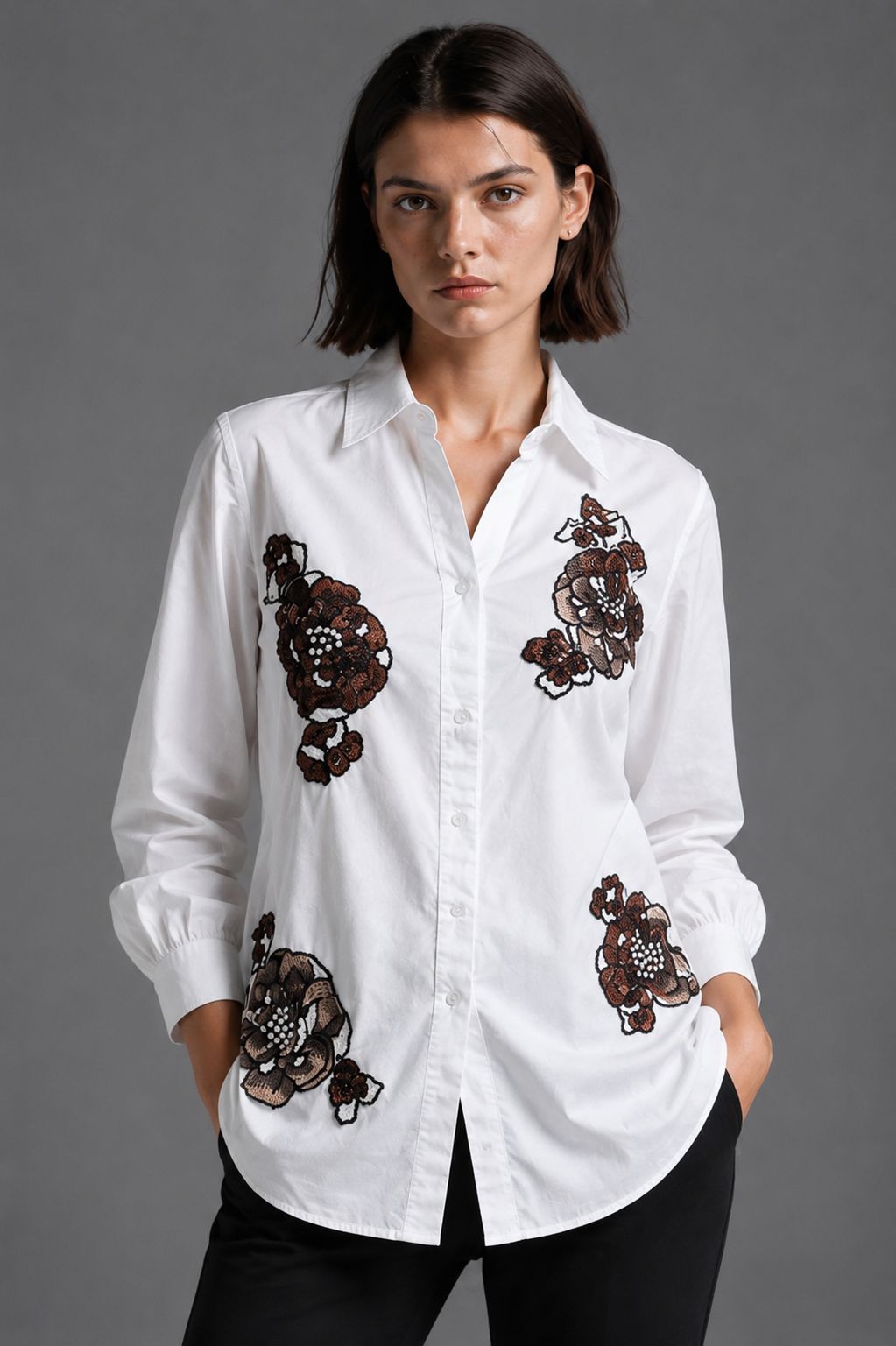 White Floral Embroidered Cotton Shirt