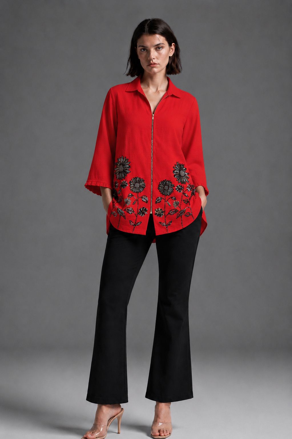 Red Floral Embroidered Zip-Front Shirt