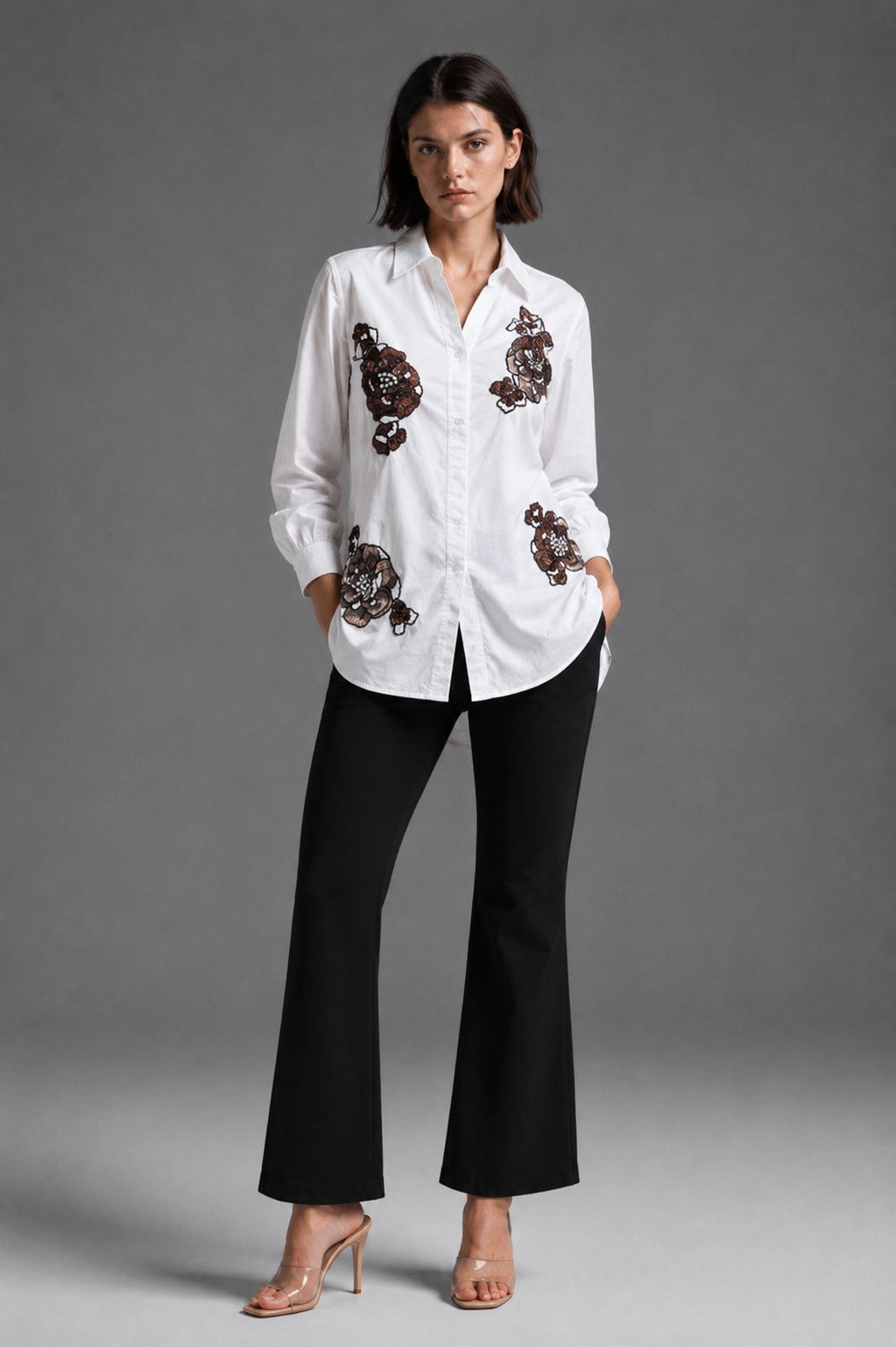 White Floral Embroidered Cotton Shirt