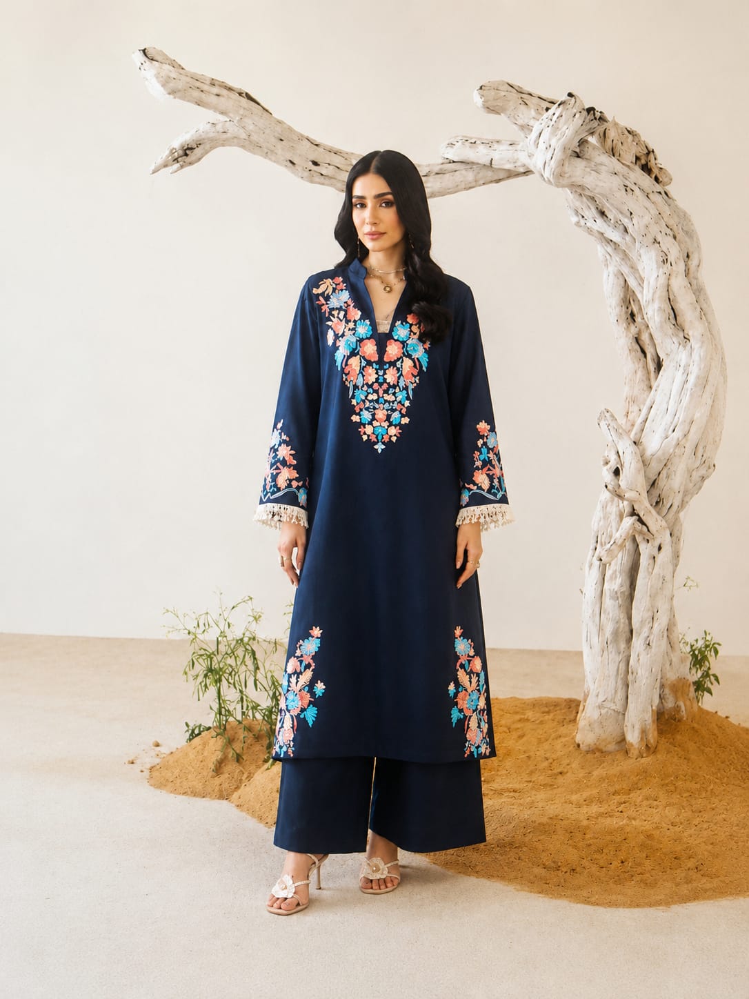 Navy Blue bloom Embroidered Tunic-Set
