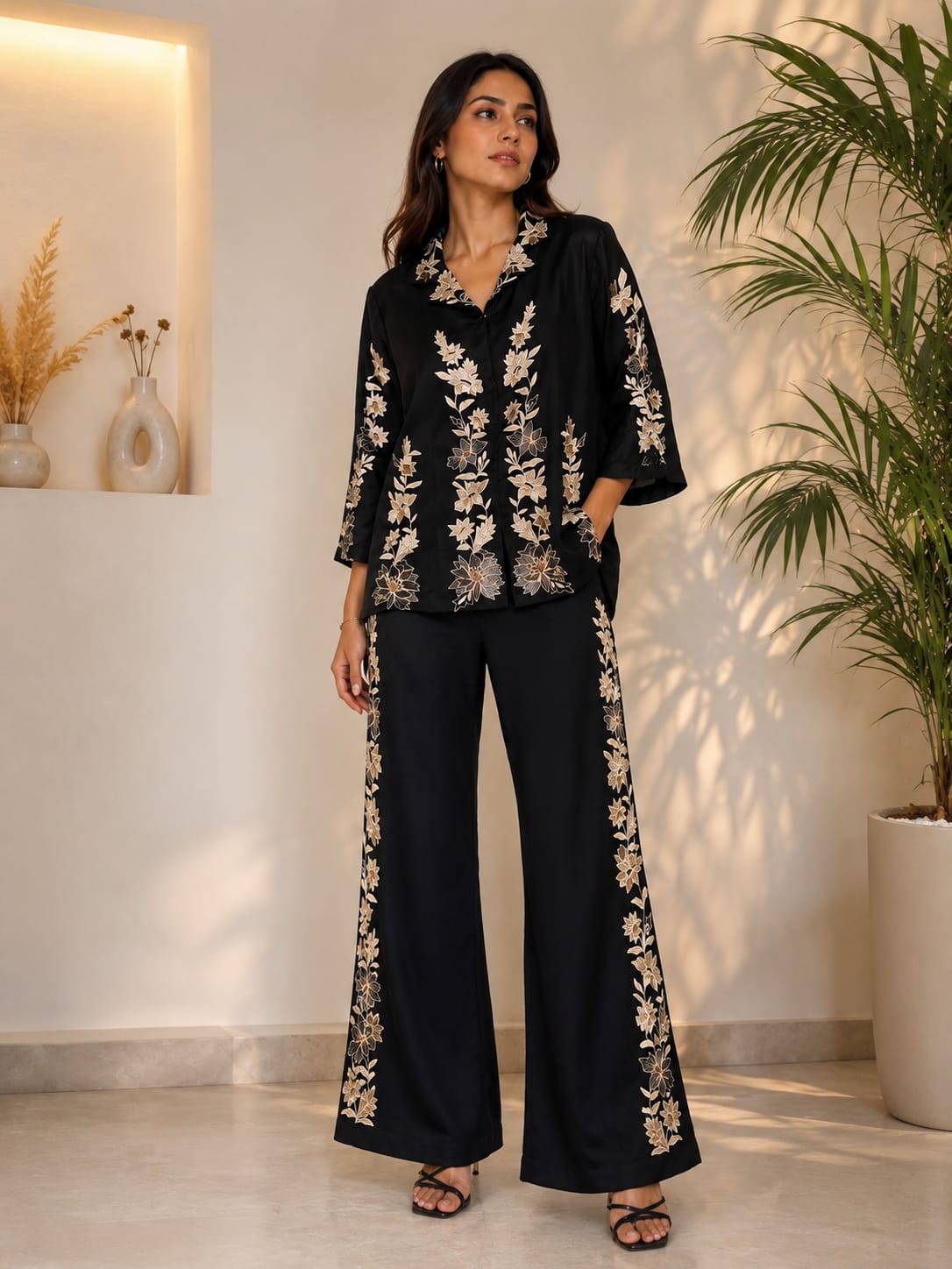 Black Floral Embroidered Co-ord Set