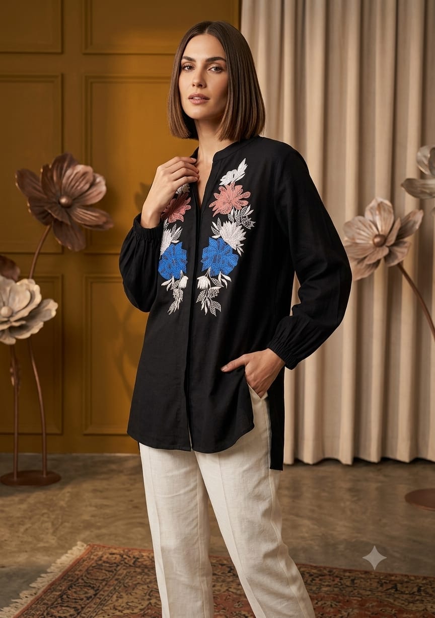Noir Floral Embroidered Shirt