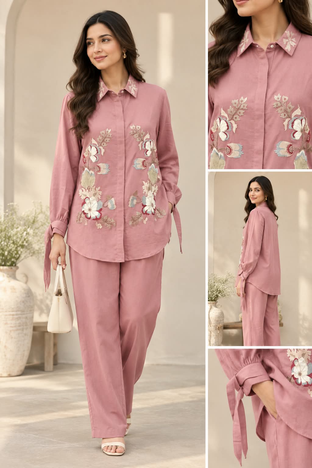 Nude Pink Floral Embroidered Co-ord set