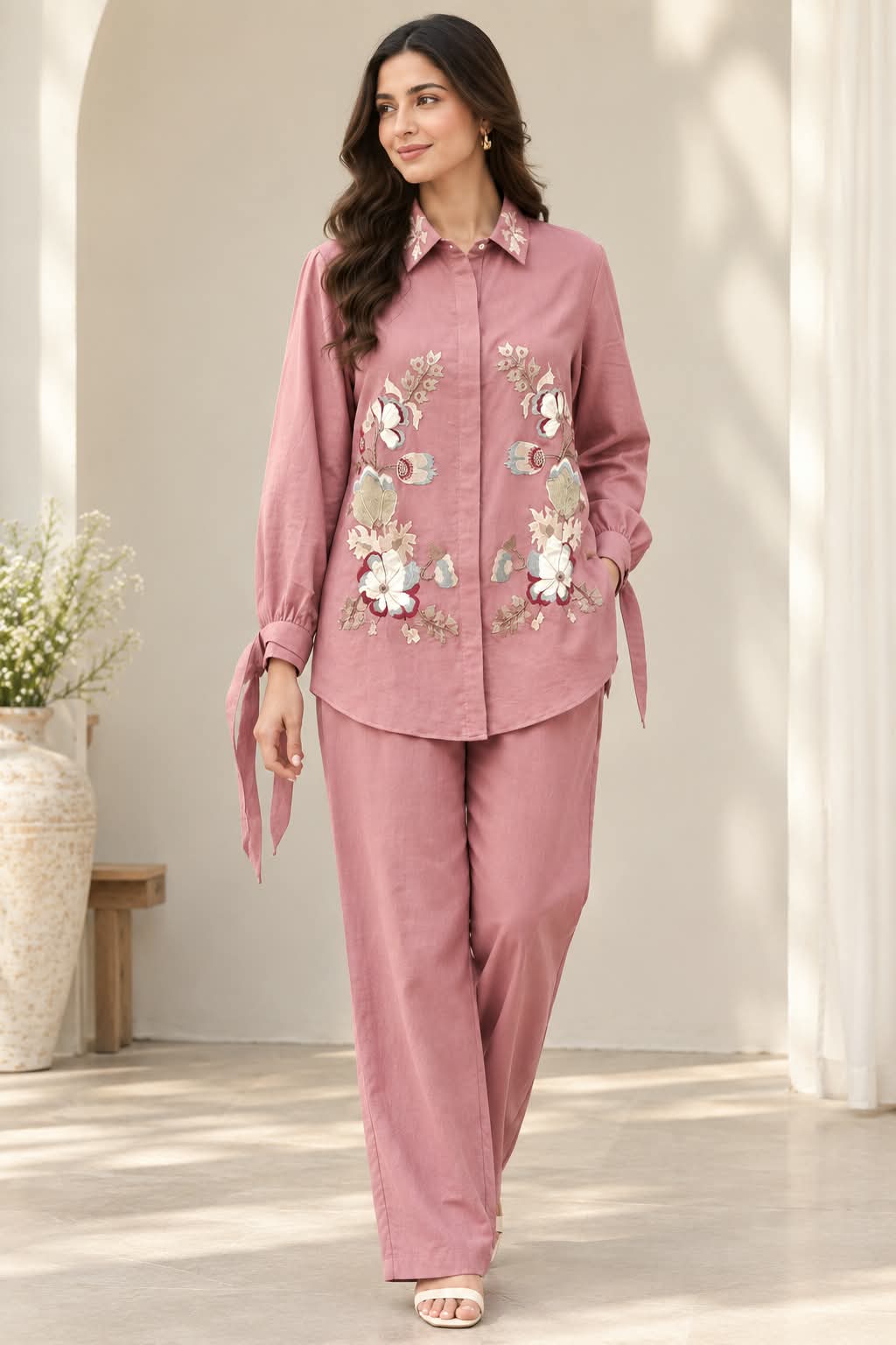 Nude Pink Floral Embroidered Co-ord set