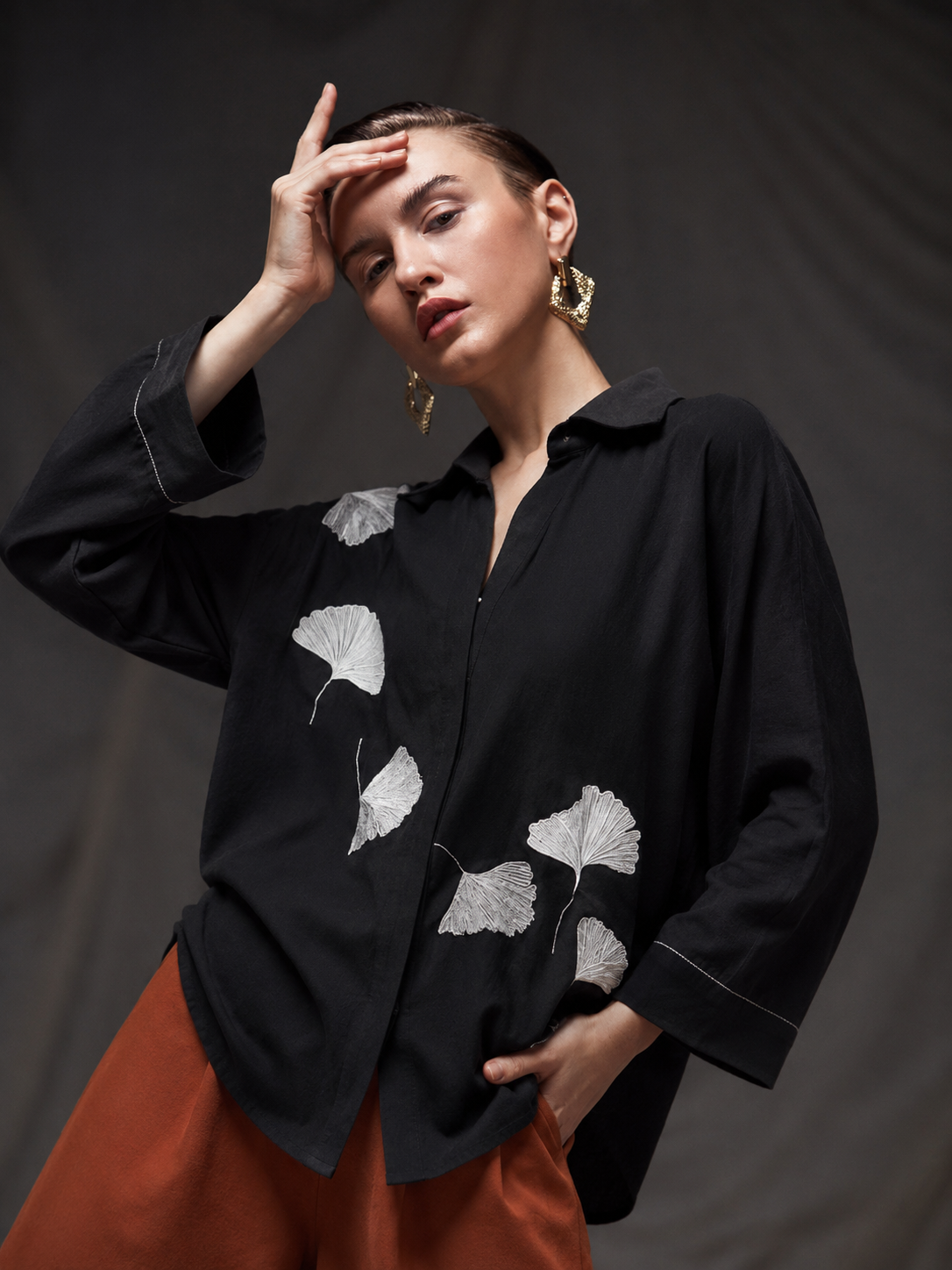 Midnight Ginkgo Embroidered Shirt