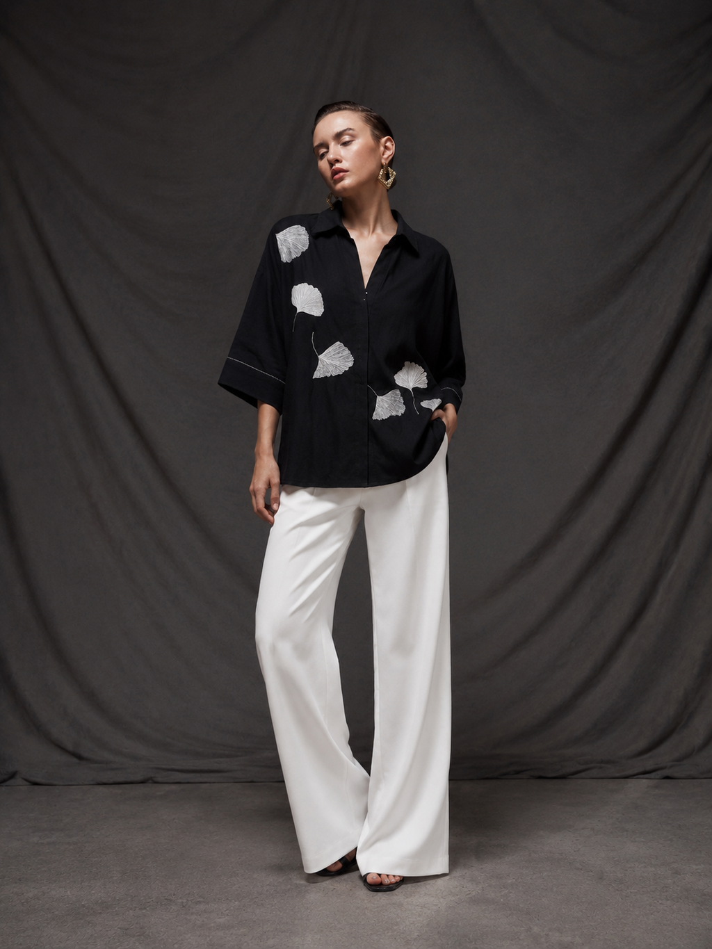 Midnight Ginkgo Embroidered Shirt