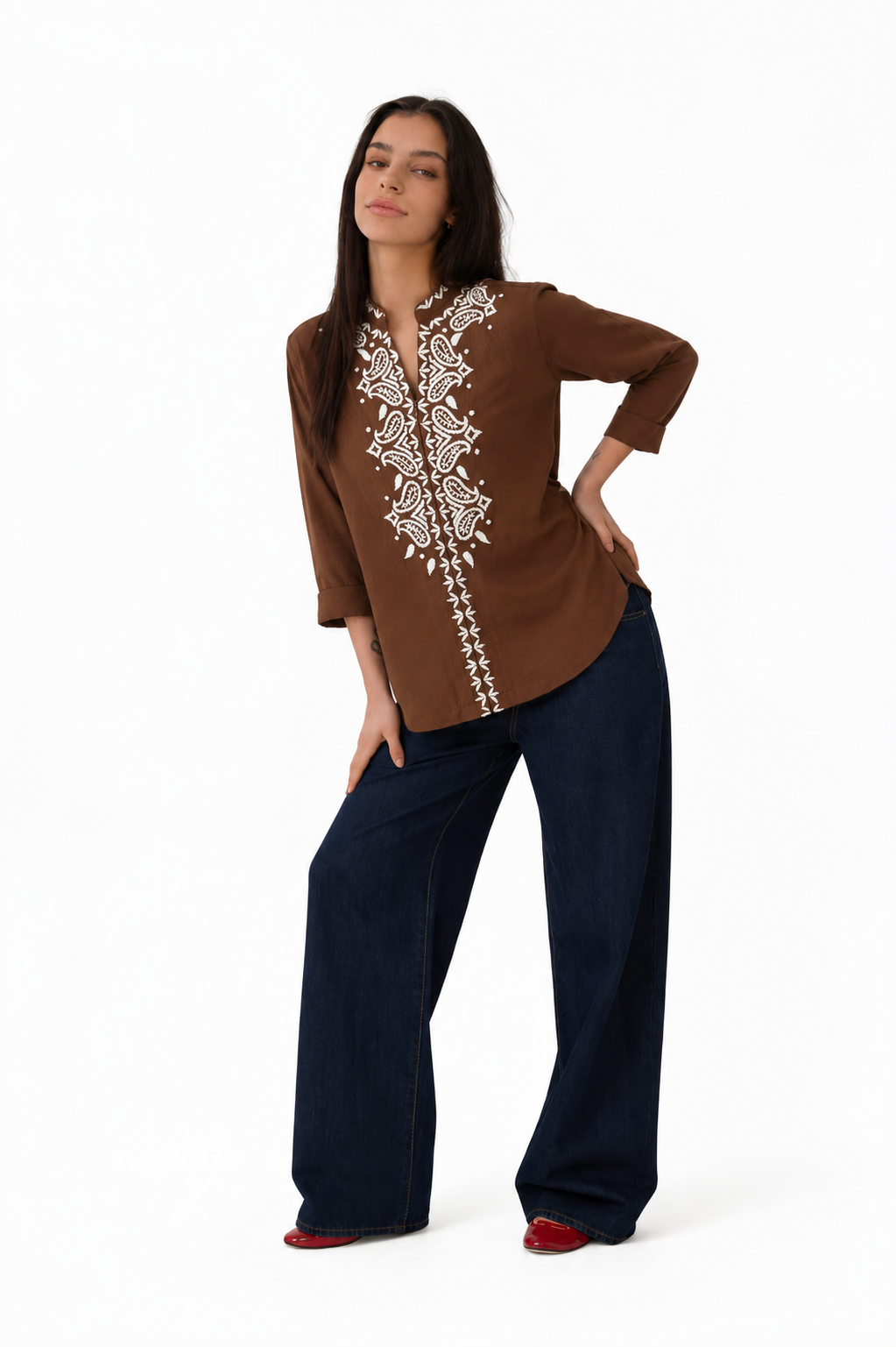 Cocoa Paisley Embroidered Tunic