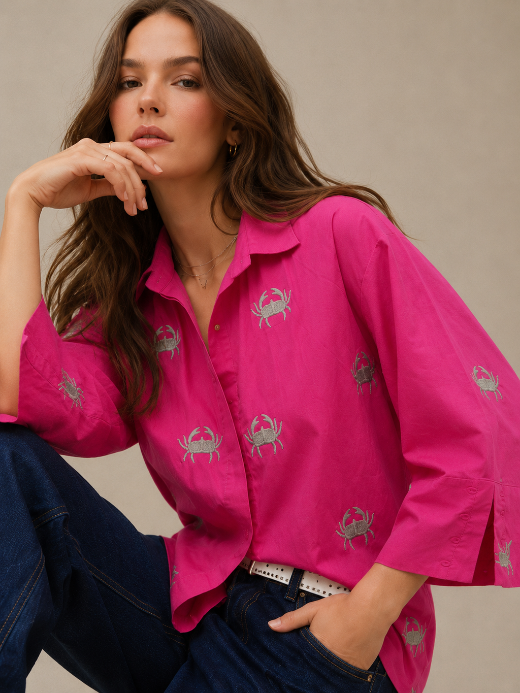 Fuchsia Crab Embroidered Statement Shirt