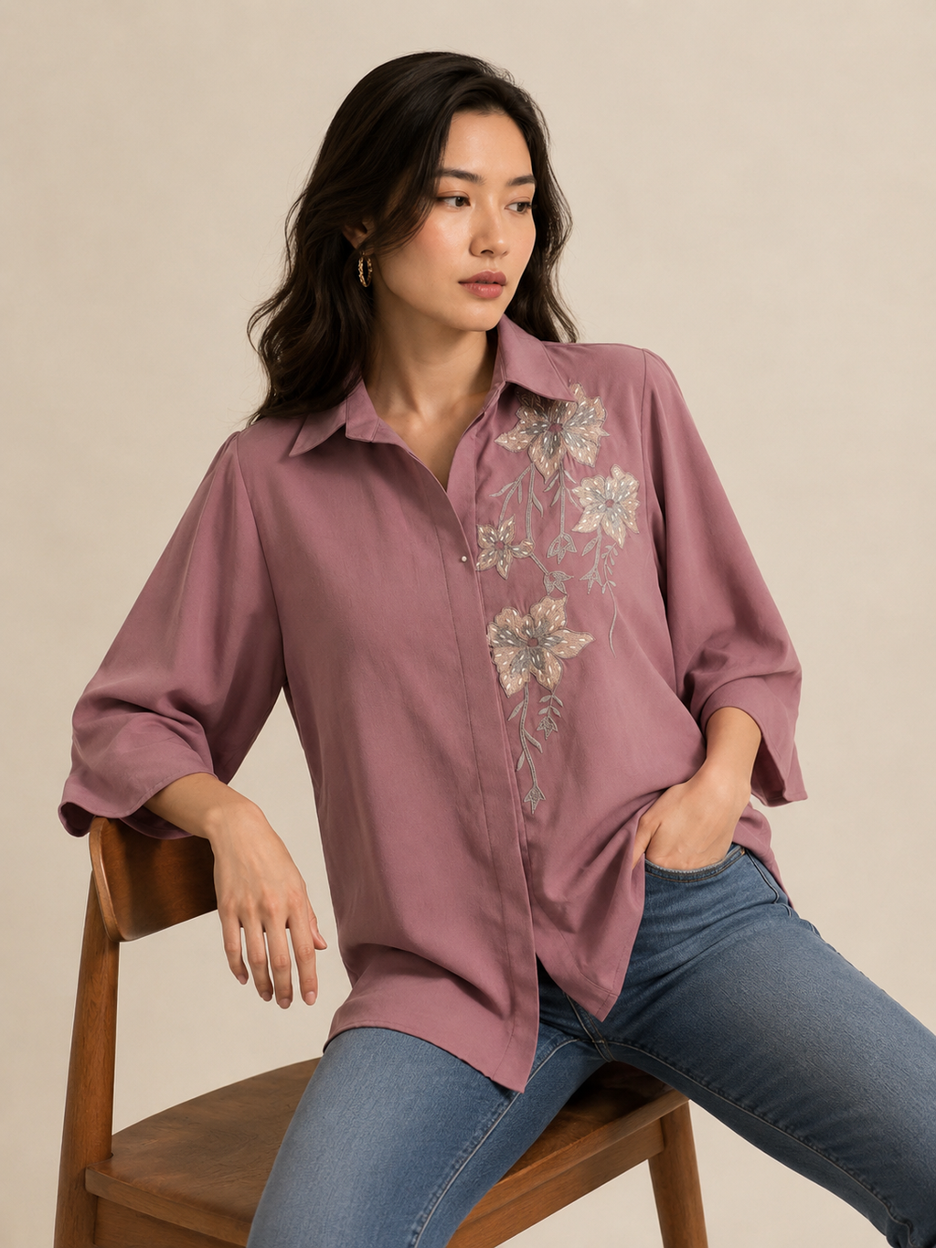 Dusty Mauve Floral Embroidered Shirt