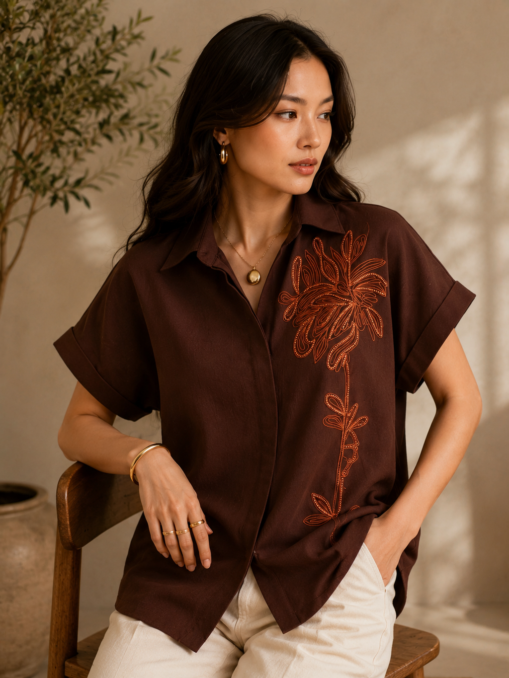 Espresso Bloom Embroidered Shirt