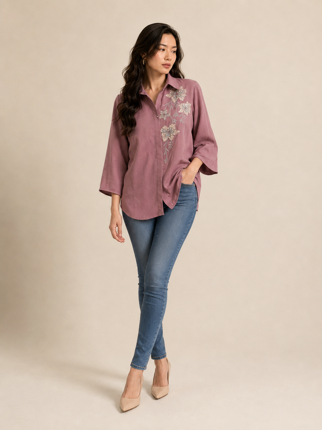 Dusty Mauve Floral Embroidered Shirt
