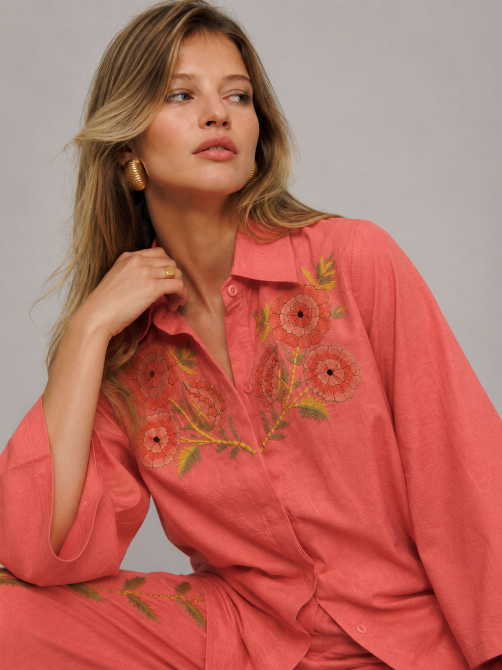 Coral Blossom Embroidered Co-Ord Set