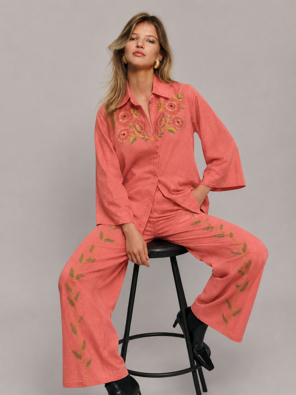 Coral Blossom Embroidered Co-Ord Set