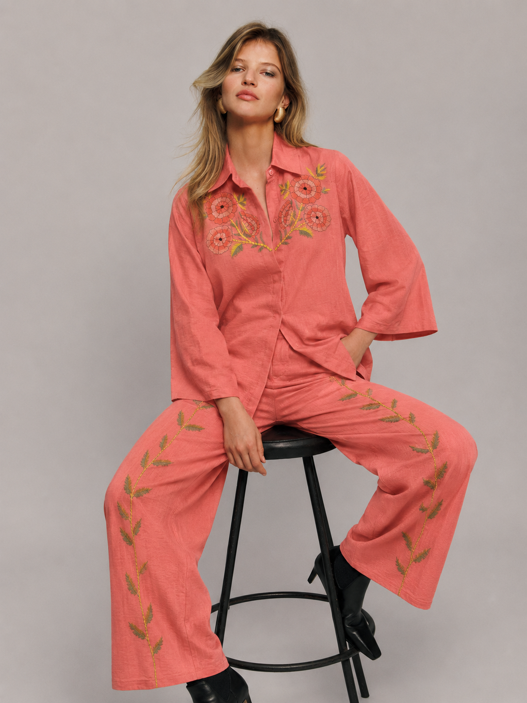 Coral Blossom Embroidered Co-Ord Set