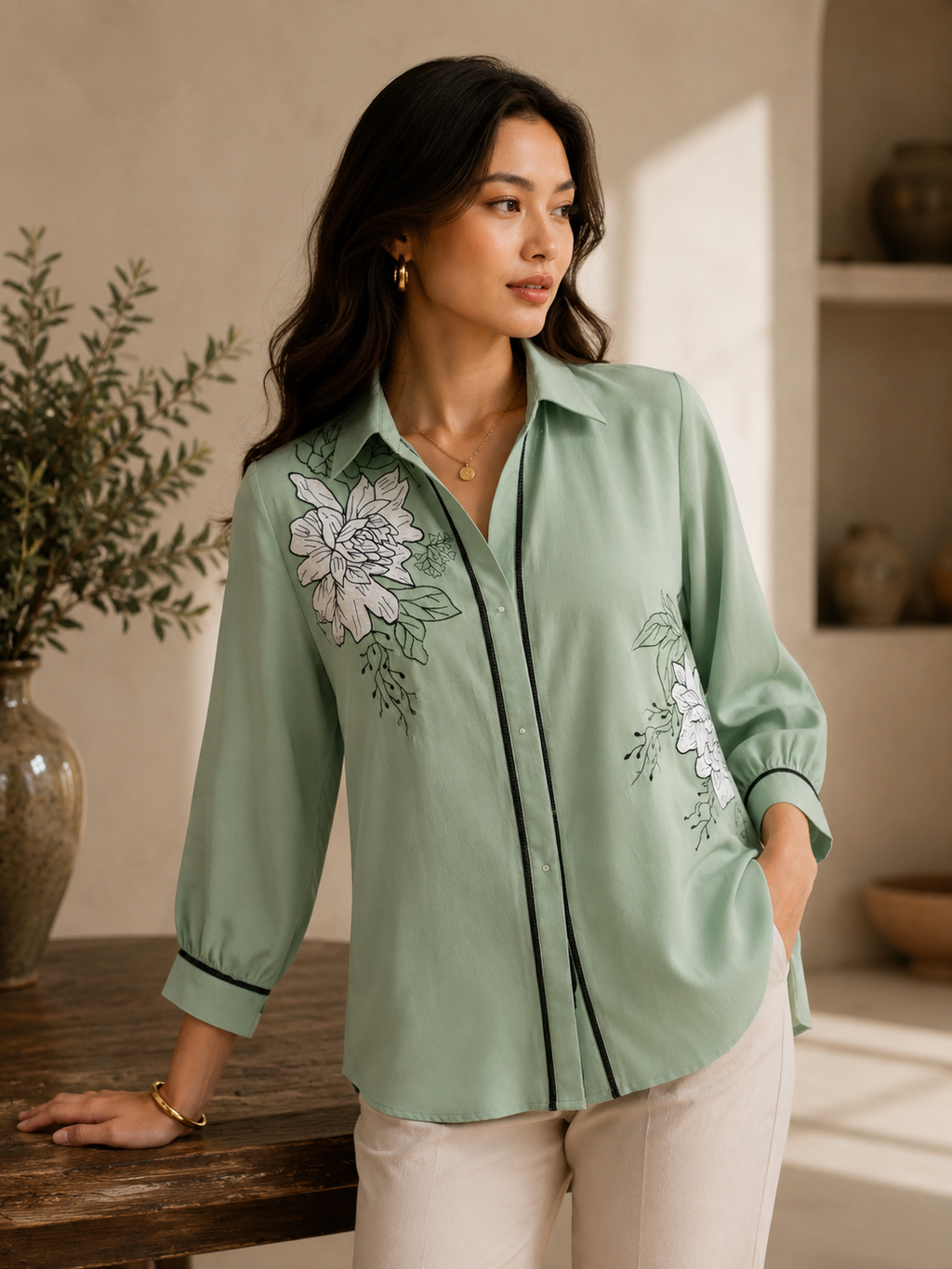 Mint Green Floral Embroidered Shirt